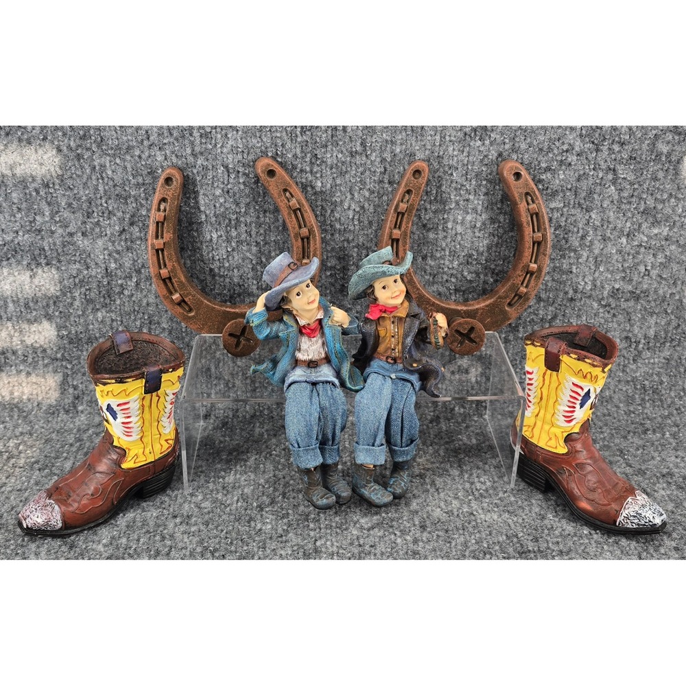 Western Home Decor Set Brown Shelf Sitters Hooks Cowboy Boots Horseshoes Figures